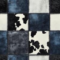 This design features a unique and eyecatching blend of cow print and denim, presented in a stylish patchwork design that is simply perfect for contemporary apparel and innovative creative projects photo