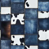 This unique patchwork design combines denim and cowhide prints, making it perfect for contemporary fashion trends and any creative projects you might embark on, ensuring versatility and style photo