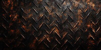 A closeup view of a dark, grungy diamond plate metal surface is presented here, showcasing a notably rough and textured pattern that would be perfect for a variety of industrial themes and settings photo