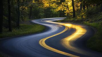 A winding road embodies freedom and movement, blending minimalism with elegance. It invites adventure and discovery, offering a journey through beautiful landscapes and serene environments photo