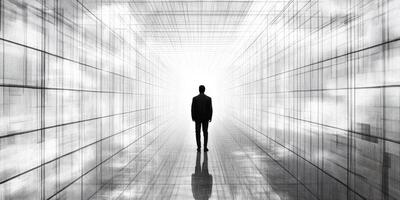 In a sleek, contemporary corridor, a figure stands at the center, surrounded by glowing patterns and abstract lines that evoke mystery and invite curiosity to explore the ambiance photo