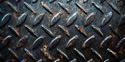 This closeup image shows a rough diamond plate metal surface, featuring an intricate industrial pattern with dark, rusty tones that enhance its overall captivating and appealing design photo