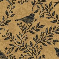 Vintage Birds on Branch Pattern vector