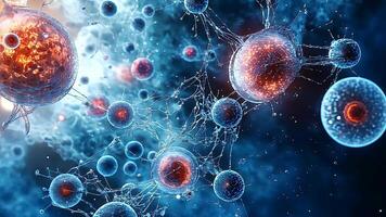 Dynamic cellular and molecular structures interconnected, symbolizing neural networks, genetic research, and advancements in medicine and biotechnology within a high-tech, digital context. video