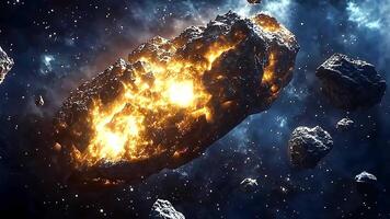 Fiery Meteorite in Outer Space Showcasing Asteroid Belt,Blazing Asteroid with Fiery Explosion in Deep Space, Celestial Beauty, and Galactic Background in a Vivid Astronomy Shot video