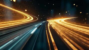 Abstract light trails on a fast-moving highway at night, illustrating acceleration, vibrant neon colors, and a dynamic cityscape in motion video