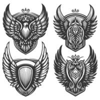 Set of four winged shields with eagle and crown vector
