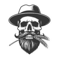 Skull with beard and hat with wheat vector