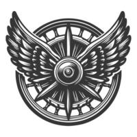 A black and white image of a winged wheel with a wheel vector