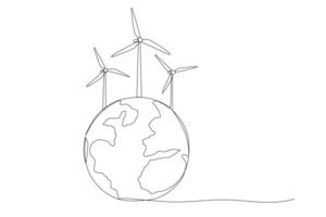 Wind generator on planet Earth one line illustration, windmill single continuous line art drawing. vector