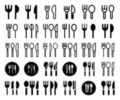 Set of fork, knife, and spoon icons in flat style. Perfect for tableware, menu designs, and dining-related projects. Thin line silhouettes for versatile use in logos and branding. vector