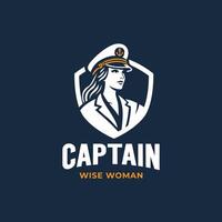 A bold and empowering logo featuring a female captain in a naval-style hat, surrounded by a shield emblem. Captain Navigation emphasizing strength, leadership, and wisdom. vector