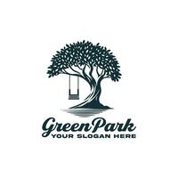 A minimalist logo featuring a large, leafy tree with a swing hanging from one of its branches. The logo reads Green Park .evoking a sense of nature, serenity, and outdor vector