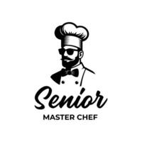 black and white logo depicting a senior chef with a beard, sunglasses, and a chef hat, creating a modern, stylish vibe. The text reads Senior Master Chef symbolizing expertise vector