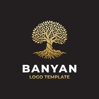 gold banyan tree with widespread branches and roots logo dessign suitable for any business Symbolizing strength, growth, and stability vector