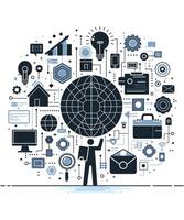 Illustration of a digital ecosystem A graphic representing interconnected technology, data, and communication networks, highlighting the flow and organization of information vector