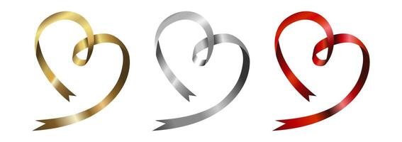 Golden, silver, red of serpentine, ribbon streamer the shape of a heart in isolated on white background. Design element For greeting with Christmas, New Year, Mother's Day, Valentine's vector