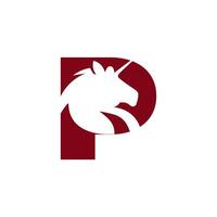A unique and eye-catching logo design featuring a white unicorn silhouette creatively integrated into a red letter P. Perfect for branding, representing magic, creativity, or fantasy themes. vector