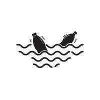 A black and white illustration of two bottles floating in the ocean vector
