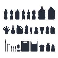 Various plastic bottles and other items are shown in silhouette vector
