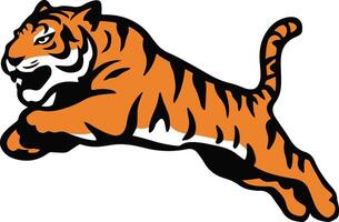 A vibrant and eye-catching silhouette of a tiger in a playful pose, leaping forward with its mouth open in a roar vector