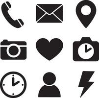 The elements include a phone, a mail, a location pin, a camera, a heart, a star, a clock, a user profile silhouette, and a lightning bolt. Less vector
