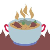 A pot of soup with meat and vegetables on top vector