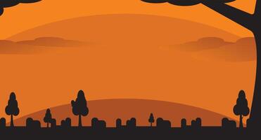 A silhouette of a spooky cemetery at dusk, with a haunting orange sky as the backdrop. The tall, bare trees and gravestones create a sense of mystery and foreboding. vector