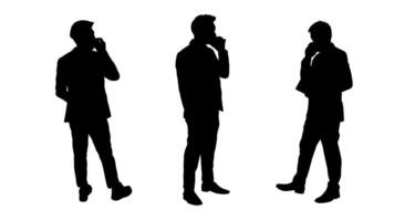 Three silhouettes of businessmen stand in a row, each engrossed in a phone conversation concept of mobile technology in contemporary business, highlighting how smartphones have become essential tools vector