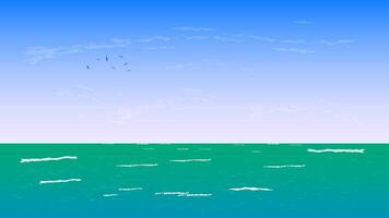 Graphics Image Blue ocean, clear sky, dotted with fluffy white clouds. waves against the shore create a soothing ambiance vector