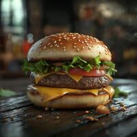 Delicious Cheeseburger with Tomato and Mustard photo