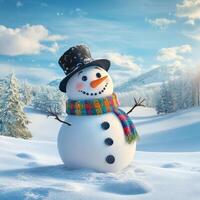 Panoramic View of a Happy Snowman in a Winter Christmas Wonderland photo