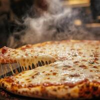Golden pizza with crispy crust, melted cheese, and tempting toppings photo