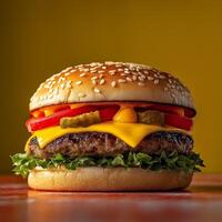 Delicious Cheeseburger with Tomato and Mustard photo