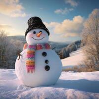 Panoramic View of a Happy Snowman in a Winter Christmas Wonderland photo