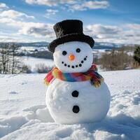 Panoramic View of a Happy Snowman in a Winter Christmas Wonderland photo