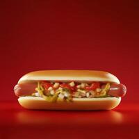 Mouth-Watering Hot Dog with Mustard, Ketchup, and Pickles on Vibrant Red Background photo