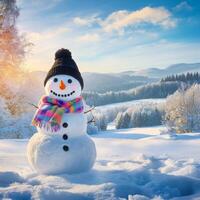 Panoramic View of a Happy Snowman in a Winter Christmas Wonderland photo
