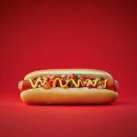 Mouth-Watering Hot Dog with Mustard, Ketchup, and Pickles on Vibrant Red Background photo