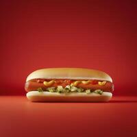 Mouth-Watering Hot Dog with Mustard, Ketchup, and Pickles on Vibrant Red Background photo