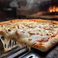 Golden pizza with crispy crust, melted cheese, and tempting toppings photo