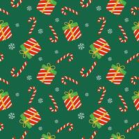Christmas seamless pattern design with candy, gift box, snowflex, for textile background. vector