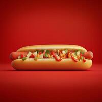 Mouth-Watering Hot Dog with Mustard, Ketchup, and Pickles on Vibrant Red Background photo