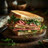 Delicious Ham and Arugula Sandwich with Fresh Tomato and Mustard Spread photo