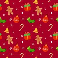 Christmas seamless pattern design with gingerbread man, snowflex, gift box, candy, bell, for paper and textile background. vector