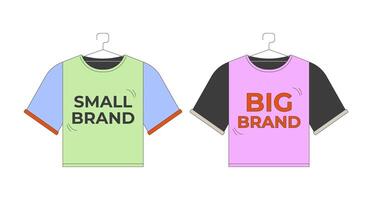 Small branded and big brand tshirts on hangers 2D cartoon objects set. Mass fashion. T-shirts clothes display isolated elements flat cliparts on white background. Spot illustrations collection vector