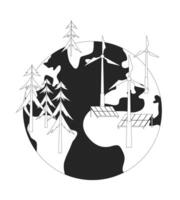 Renewable power generation on planet earth black and white 2D line object. Global electricity production green energy sources isolated clip art outline item. Monochromatic spot illustration vector