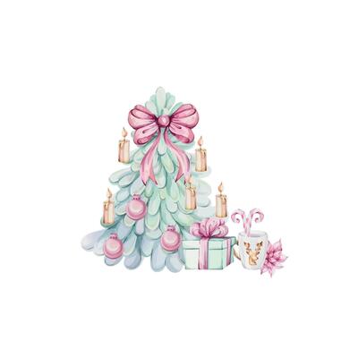 Watercolor green Christmas tree arrangement, candle with fir and gift. Cartoon romantic style. For Merry Christmas winter card. Hand painted illustration. clip art