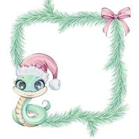 Green snake in red Santa hat with tree branch and pink bow. Watercolor frame in cartoon style, isolated. Arrangements for labels. Cute illustration, chinese symbol of new year 2025. Clip art of reptile for souvenirs, printing, packaging. vector