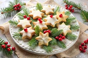 Christmas cookies on a plate with fir branches and berries photo